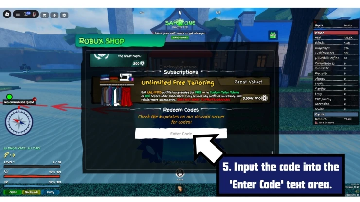 Grand Piece Online redeem code screen showing where to enter Grand Piece Online codes