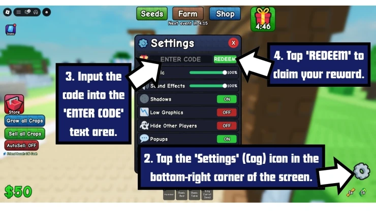 Grow It RNG redeem code screen showing where to enter Grow It RNG codes