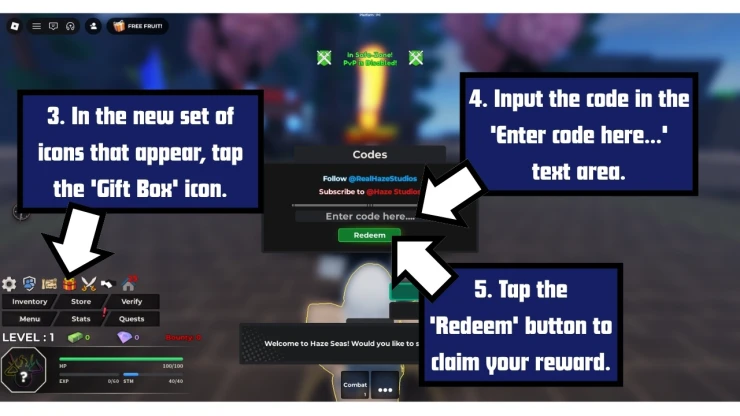Haze Seas redeem code screen showing where to enter Haze Seas codes