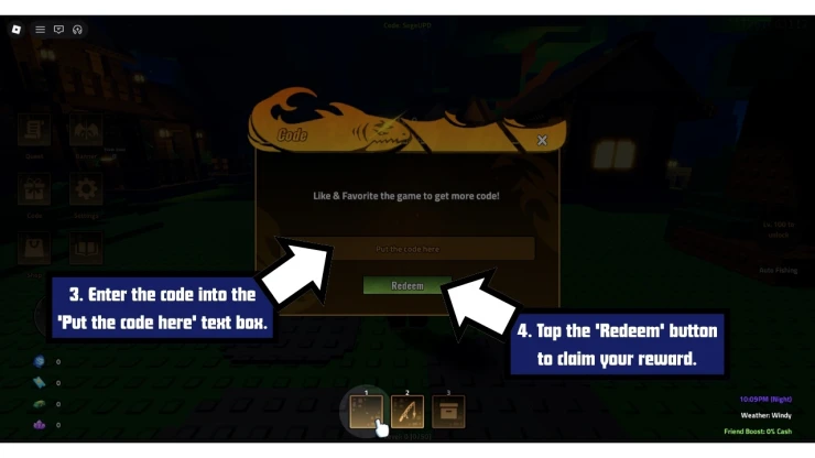 Heavyweight Fishing redeem code screen showing where to enter Heavyweight Fishing codes