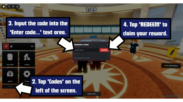 Hide From The Villain redeem code screen showing where to enter Hide From The Villain codes