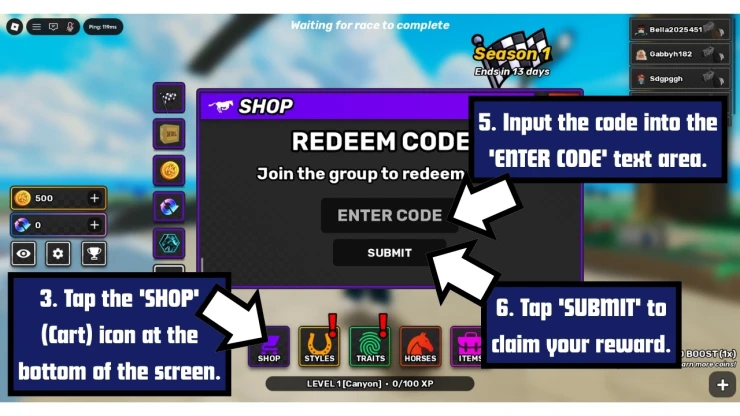 Horse Racing Legends redeem code screen showing where to enter Horse Racing Legends codes
