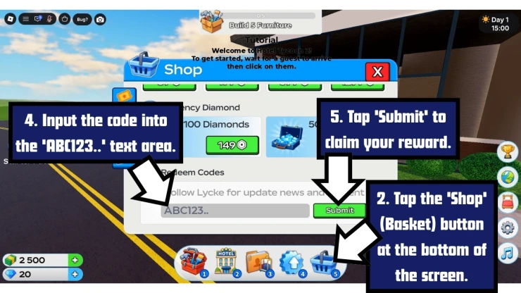 Hotel Tycoon 2 redeem code screen showing where to enter Hotel Tycoon 2 codes