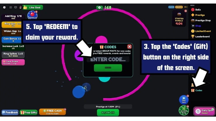 Idle Balls redeem code screen showing where to enter Idle Balls codes
