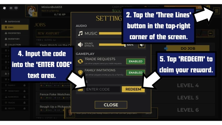 Idle Mafia Game redeem code screen showing where to enter Idle Mafia Game codes