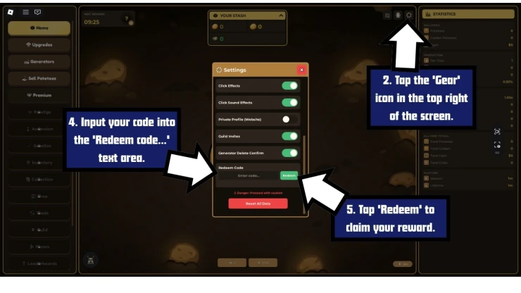 Idle Potato Game redeem code screen showing where to enter Idle Potato Game codes