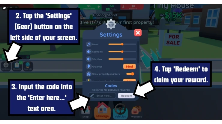 Investor City redeem code screen showing where to enter Investor City codes