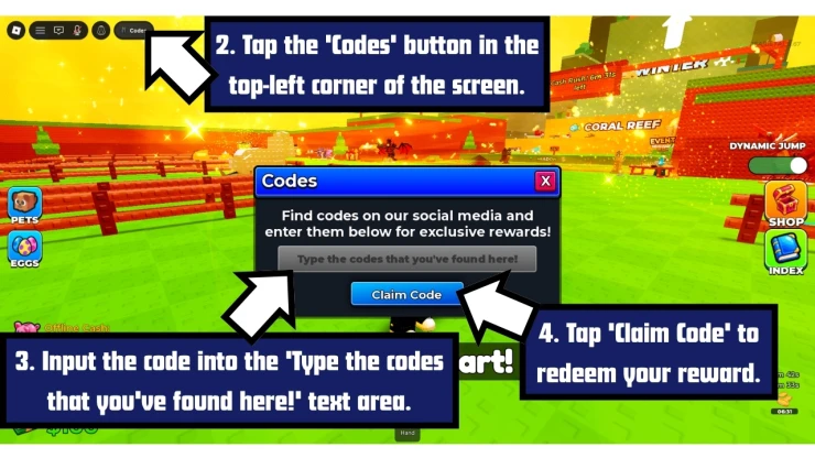 Jump for Animals redeem code screen showing where to enter Jump for Animals codes
