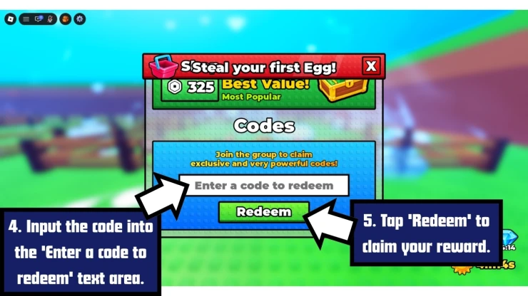 Jump To Steal An Egg redeem code screen showing where to enter Jump To Steal An Egg codes