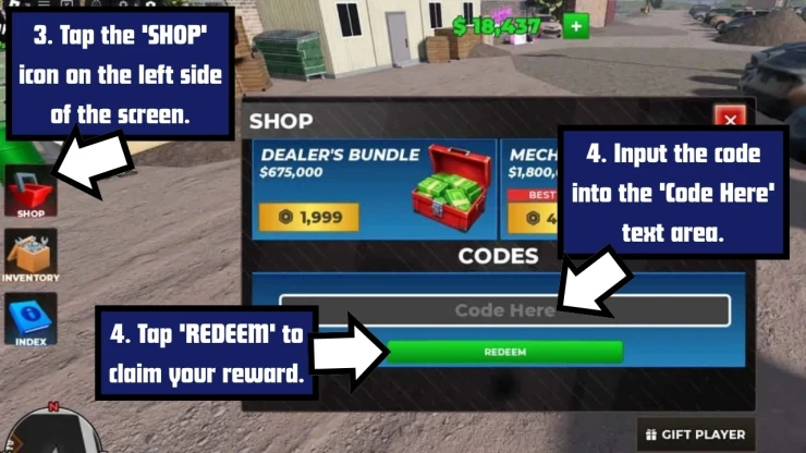 Junk Mechanics redeem code screen showing where to enter Junk Mechanics codes