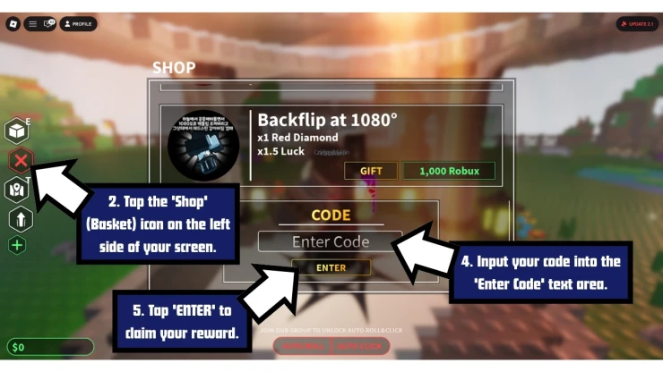 Just A RNG Game redeem code screen showing where to enter Just A RNG Game codes