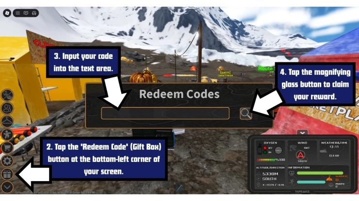 K2 Climbing redeem code screen showing where to enter K2 Climbing codes