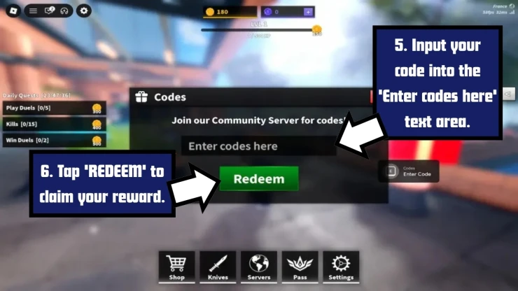 Knife Duels redeem code screen showing where to enter Knife Duels codes