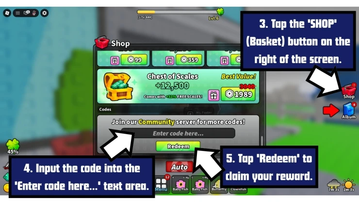 Lake Sipping redeem code screen showing where to enter Lake Sipping codes