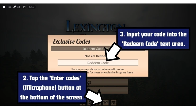 Lexington & Concord redeem code screen showing where to enter Lexington & Concord codes