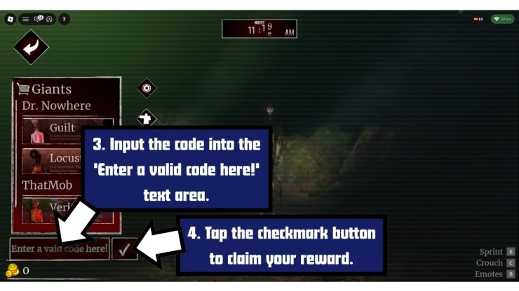 Lurking Giants redeem code screen showing where to enter Lurking Giants codes