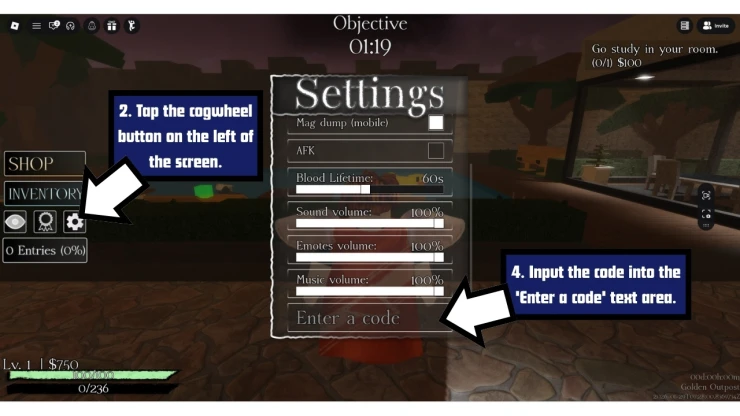 Massacre redeem code screen showing where to enter Massacre codes