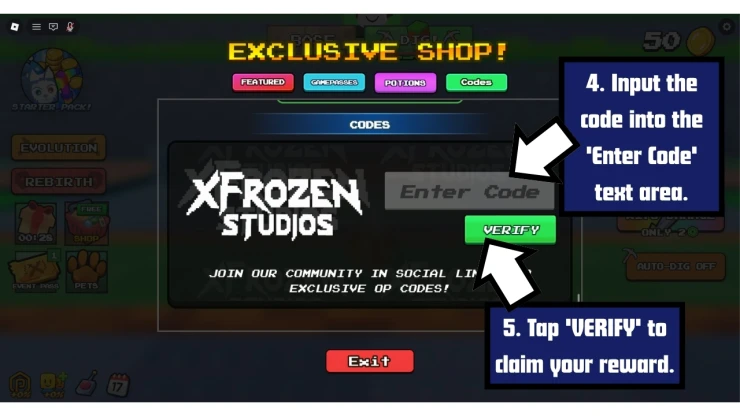 Merge and Dig Simulator redeem code screen showing where to enter Merge and Dig Simulator codes