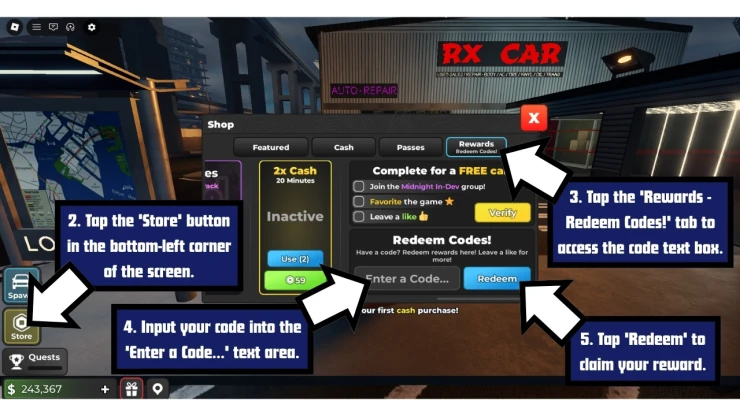 Midnight Chasers: Highway Racing redeem code screen showing where to enter Midnight Chasers: Highway Racing codes