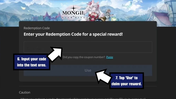 Mongil: Star Dive redeem code screen showing where to enter Mongil: Star Dive codes