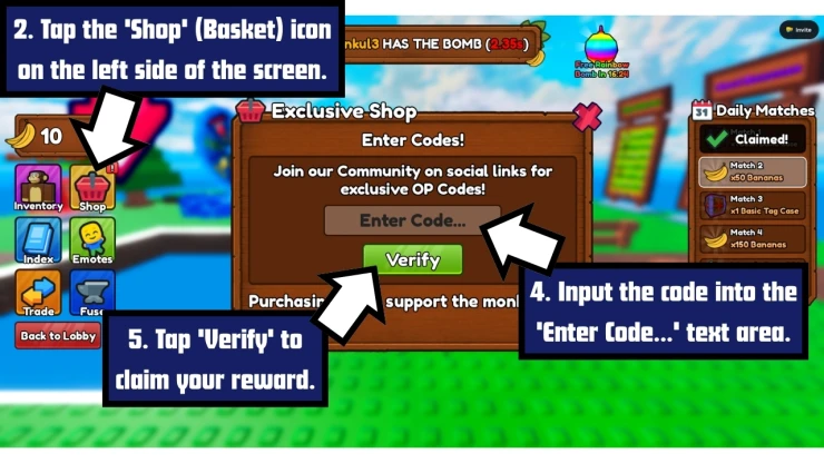 Monkey Bomb Tag redeem code screen showing where to enter Monkey Bomb Tag codes
