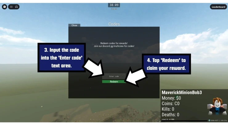 Multicrew Tank Combat redeem code screen showing where to enter Multicrew Tank Combat codes