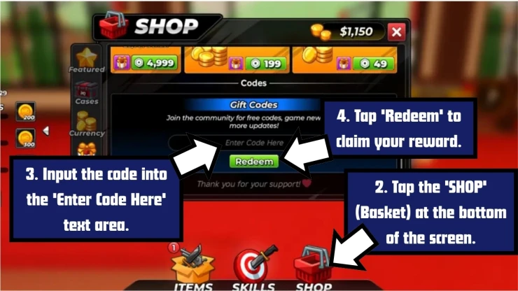 Murder Duels redeem code screen showing where to enter Murder Duels codes