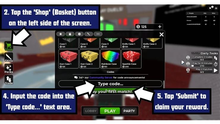 Murder Mystery DUELS redeem code screen showing where to enter Murder Mystery DUELS codes