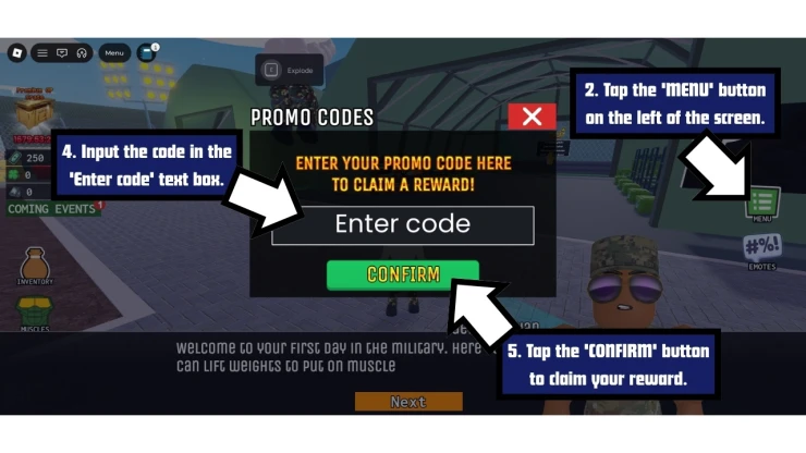 Muscle Military redeem code screen showing where to enter Muscle Military codes