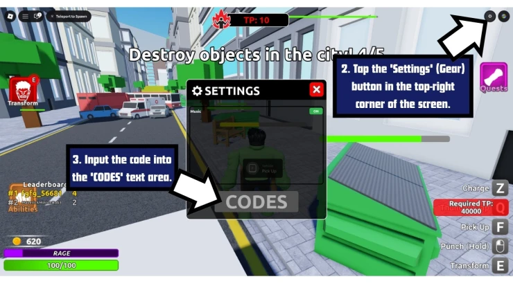 Muscle Transform Simulator redeem code screen showing where to enter Muscle Transform Simulator codes