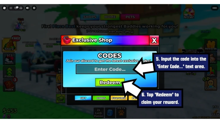 My Baddie Restaurant redeem code screen showing where to enter My Baddie Restaurant codes