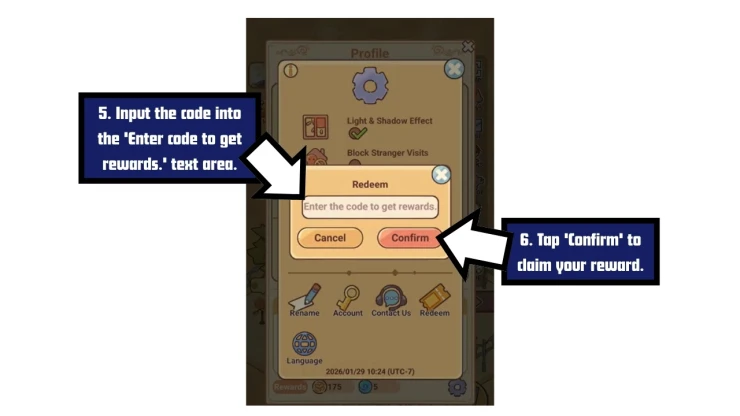 My Leisure Time redeem code screen showing where to enter My Leisure Time codes