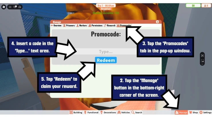 My Prison redeem code screen showing where to enter My Prison codes