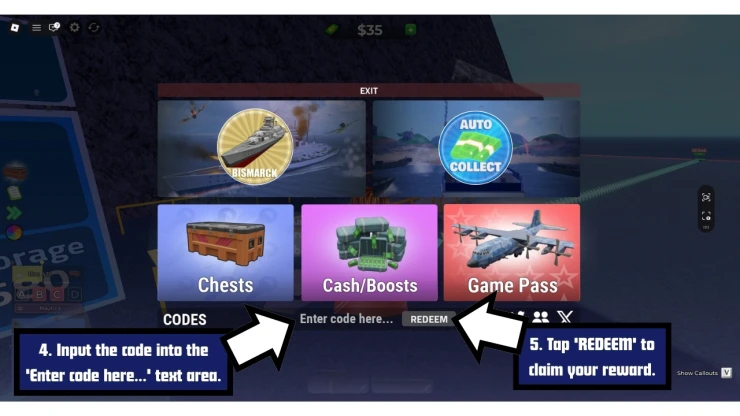 Navy Tycoon redeem code screen showing where to enter Navy Tycoon codes