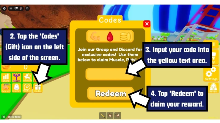 No Limit Lifting Simulator 2 redeem code screen showing where to enter No Limit Lifting Simulator 2 codes