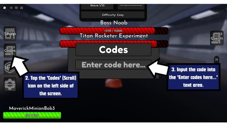 Noob Experiment: Warzone redeem code screen showing where to enter Noob Experiment: Warzone codes
