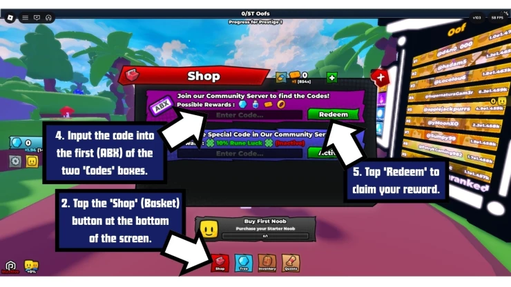 Noob Incremental redeem code screen showing where to enter Noob Incremental codes