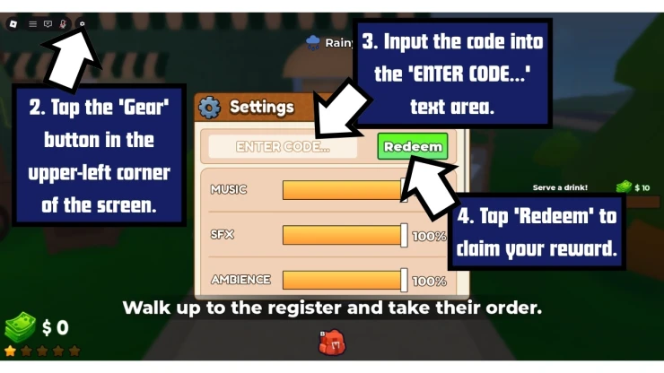 Own a Cafe redeem code screen showing where to enter Own a Cafe codes