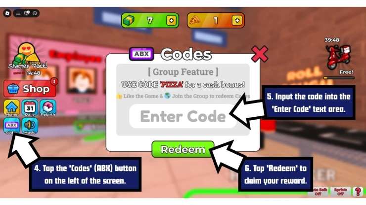Own a Pizza Tycoon redeem code screen showing where to enter Own a Pizza Tycoon codes