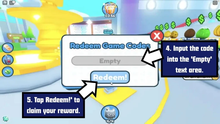 Pet Simulator X redeem code screen showing where to enter Pet Simulator X codes
