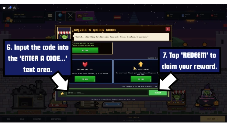 Pixel Lineage redeem code screen showing where to enter Pixel Lineage codes