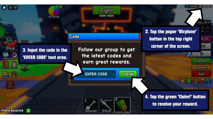 Plant Brainrot Simulator redeem code screen showing where to enter Plant Brainrot Simulator codes