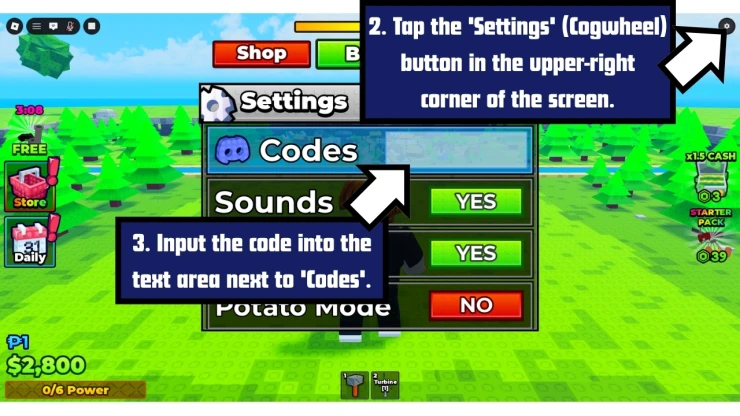 Power a City redeem code screen showing where to enter Power a City codes