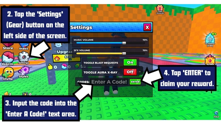 Power Blast Lucky Blocks redeem code screen showing where to enter Power Blast Lucky Blocks codes