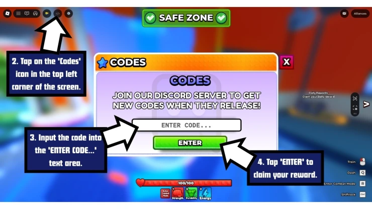 Power Simulator X redeem code screen showing where to enter Power Simulator X codes
