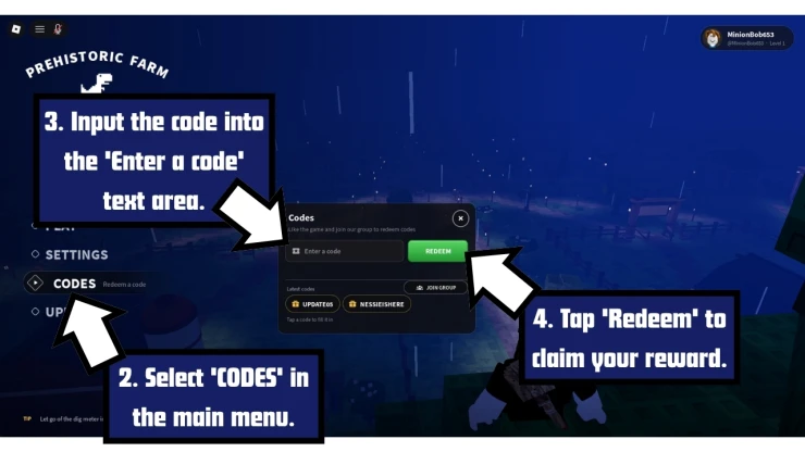 Prehistoric Farm redeem code screen showing where to enter Prehistoric Farm codes