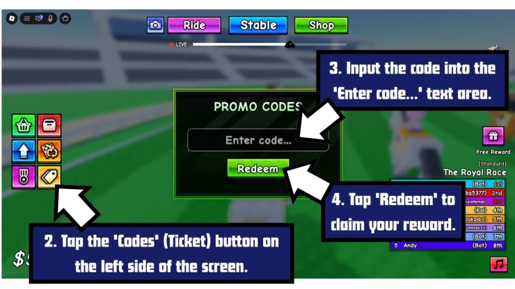 Race Horses redeem code screen showing where to enter Race Horses codes