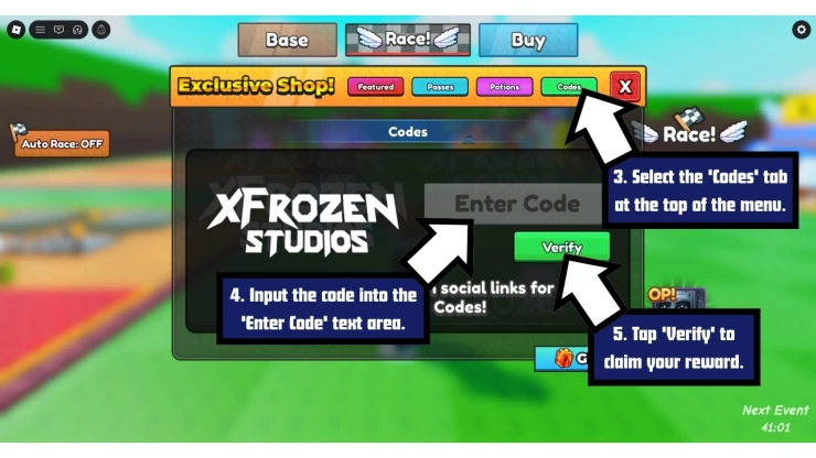 Race Your Lucky Block redeem code screen showing where to enter Race Your Lucky Block codes