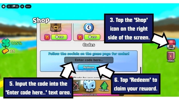 RNG Heroes redeem code screen showing where to enter RNG Heroes codes