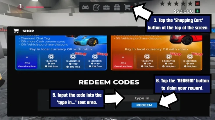 Roanoke, VA Driving RP redeem code screen showing where to enter Roanoke, VA Driving RP codes